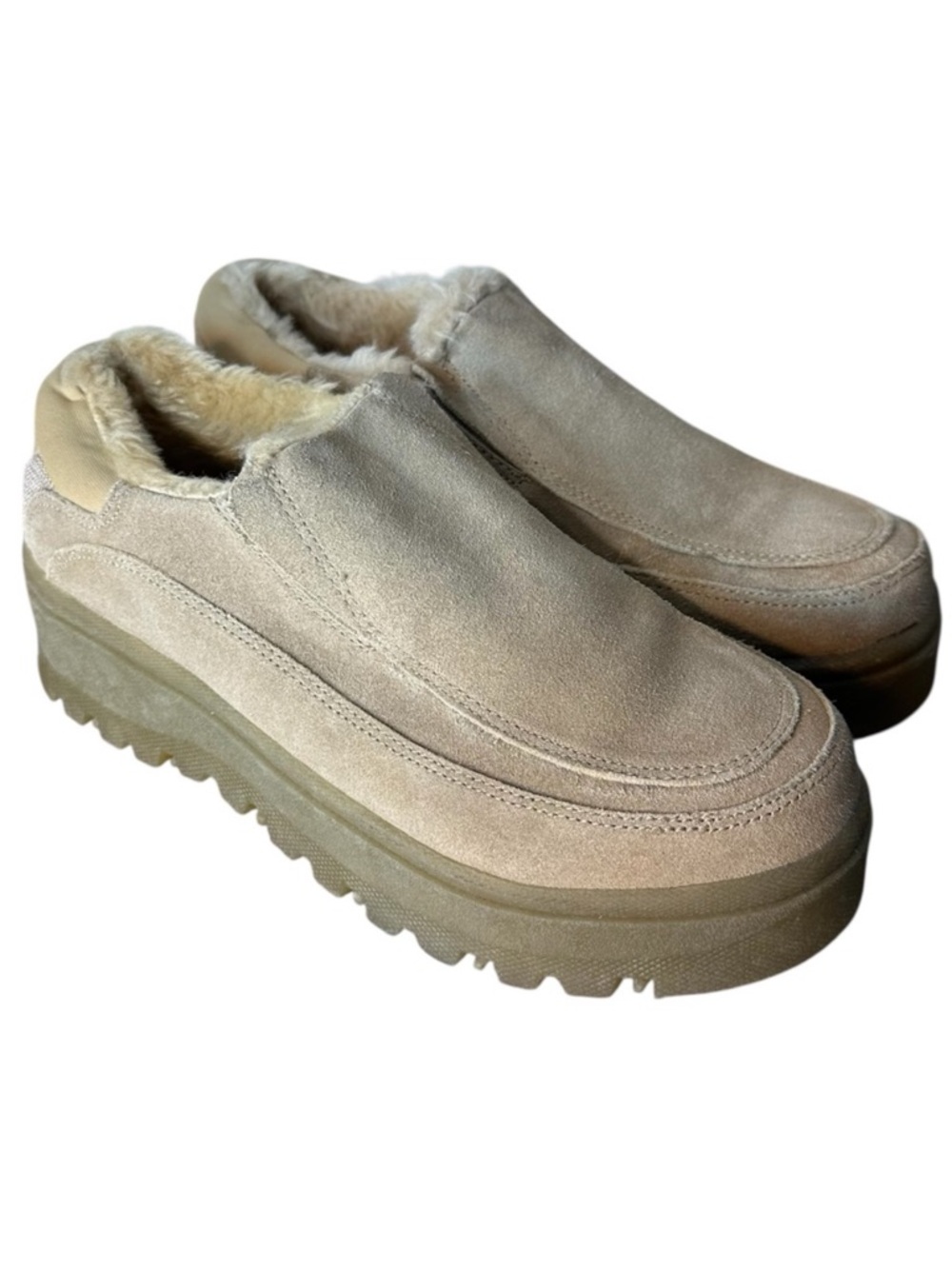 WOW Vanessa Faux Fur Lined Loafers Flats Platform Slip On Tan Microsuede Suede 7
